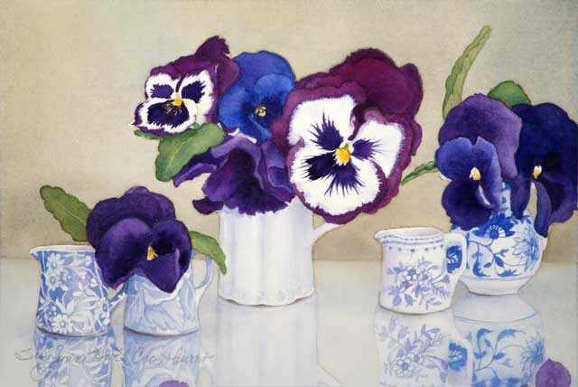 Pansies in Little Blue Vases