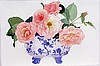 Coral Roses in Flow-Blue Bowl